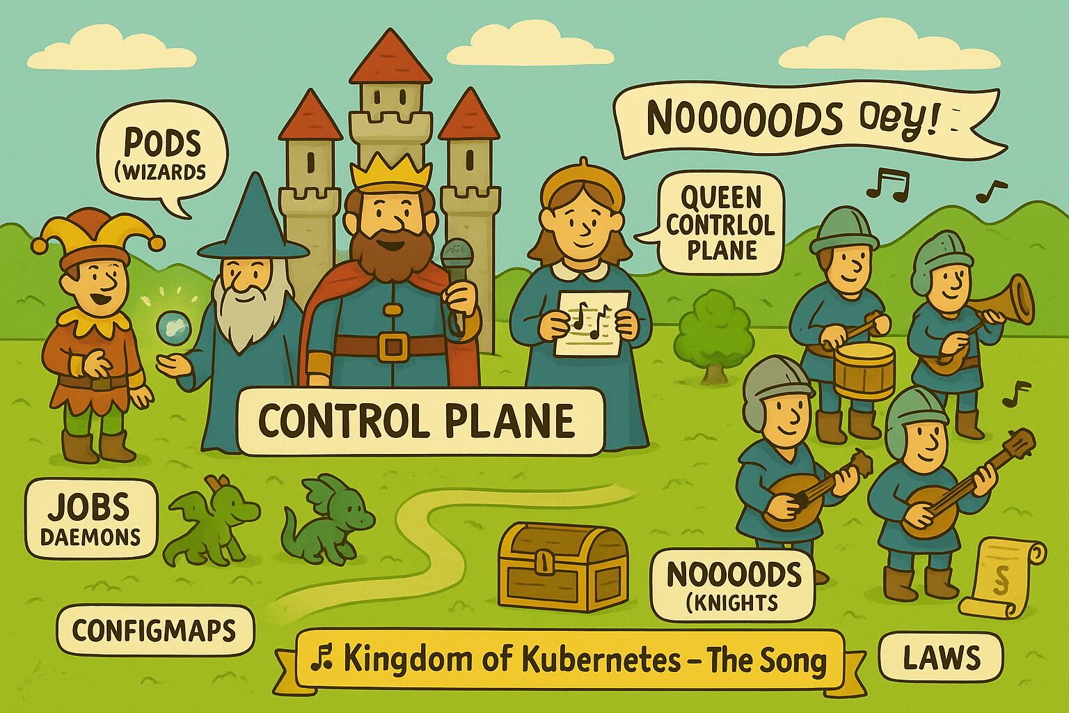 Illustration des Kubernetes Königreichs mit dem König und seinen Nodes