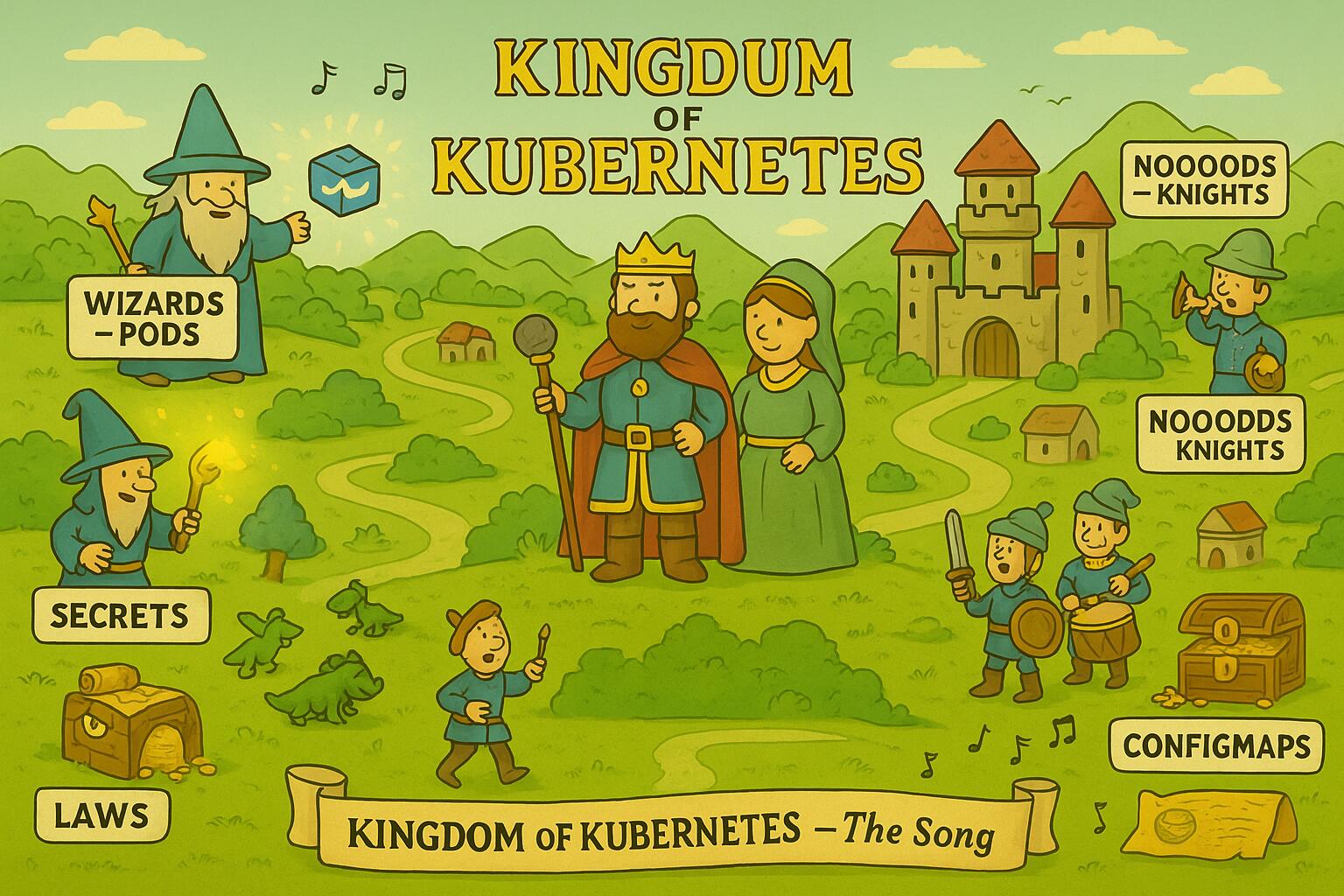 Illustration of King Kubernetes leading nodes and pods in an epic anthem