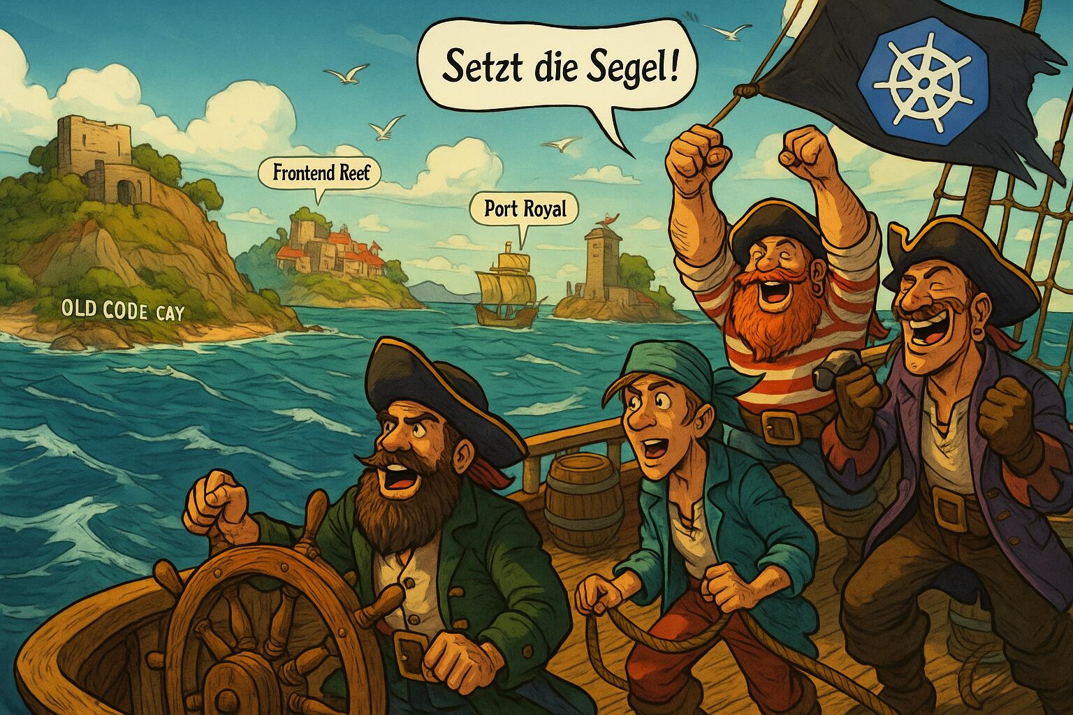 Illustration der Kubernetes-Piraten mit Containern und Segelschiff