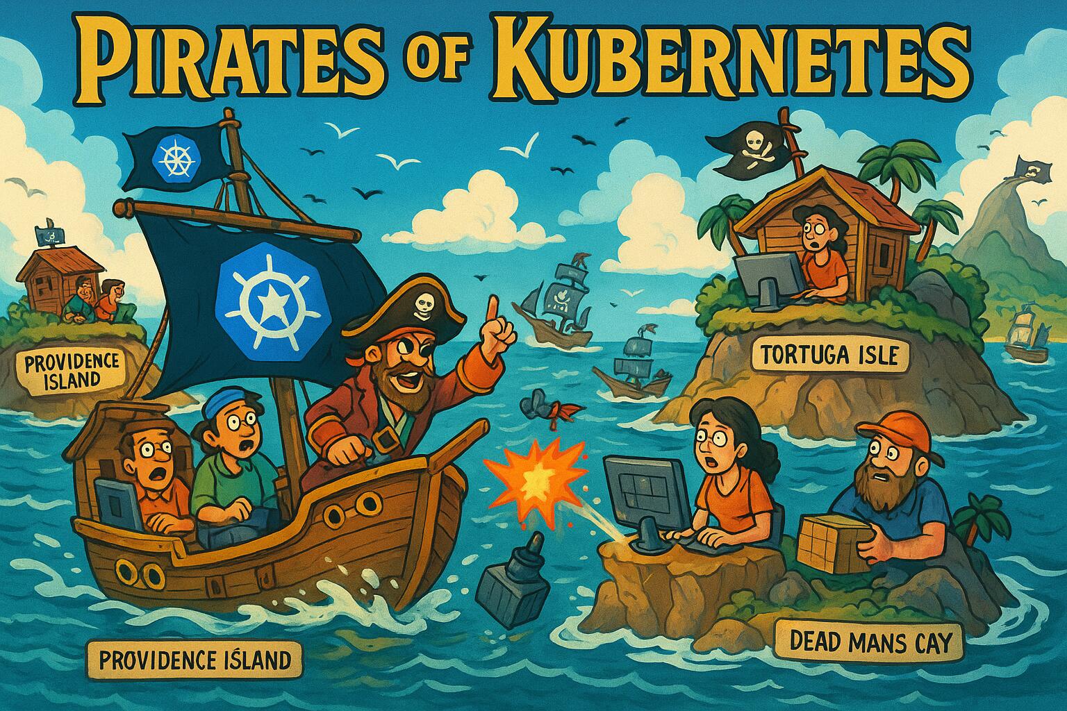 Pirates of Kubernetes artwork showing a crew of DevOps pirates