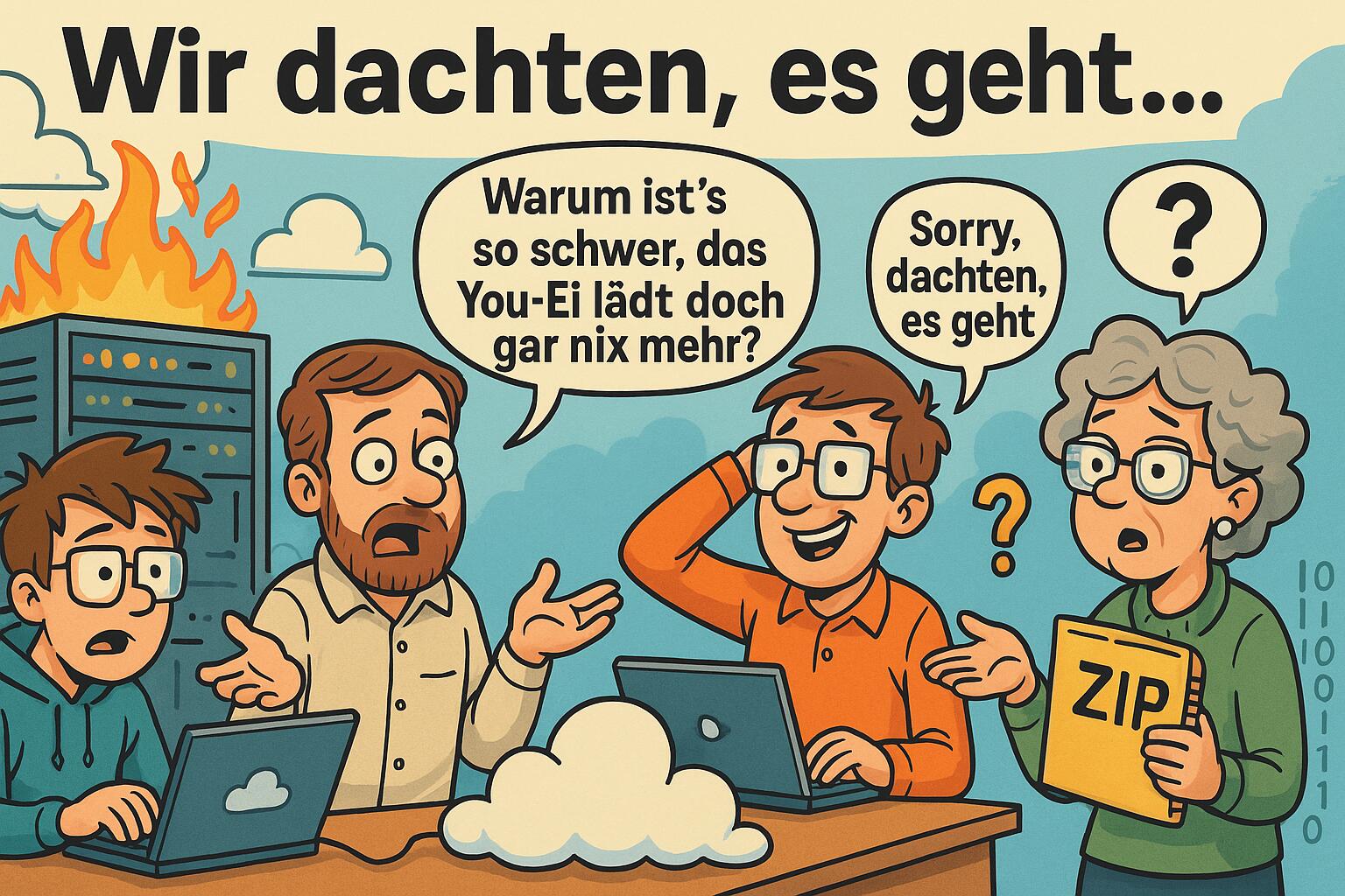 Illustration eines IT-Teams, das über eine überraschende Störung staunt